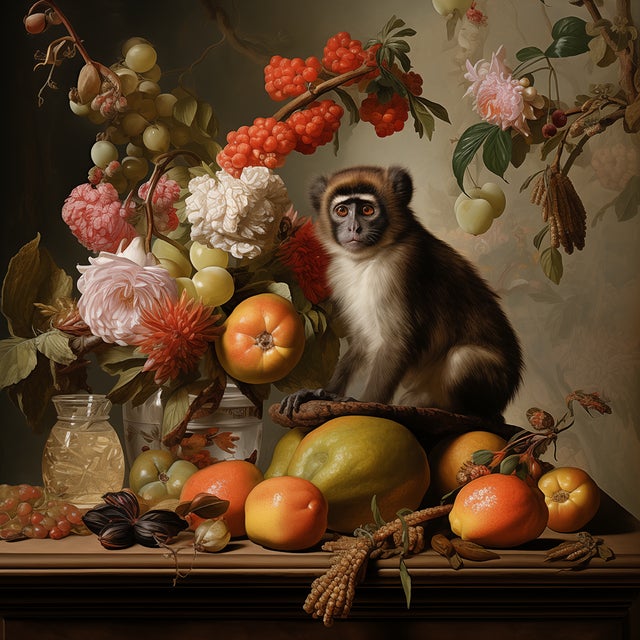A richly detailed and visually captivating fine art print reproduced from an original 16th-century still-life composition,...