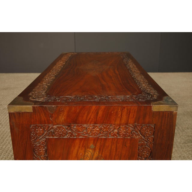 Vintage Campaign Style Inlaid Walnut Dresser Chest, Brass Inlay Carved Wood 10 Drawer Cabinet For Sale - Image 15 of 18
