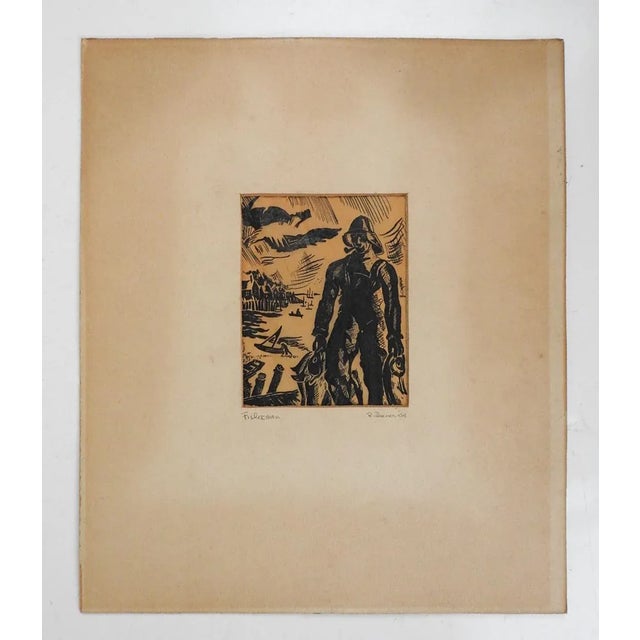 Rustic Vintage 1944 Pen and Ink Fisherman Drawing For Sale - Image 3 of 3