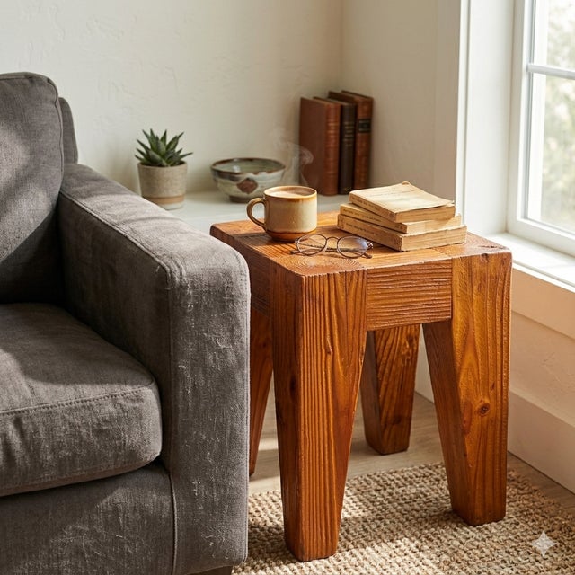 Wood Natural Raw Blocky Wood Rough Pattern Bold Square Stool Table Bench For Sale - Image 7 of 8