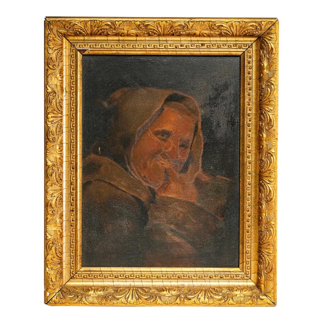 Interesting Antique 19th Century Monk Man Portrait Oil Painting Ornate Gold Frame Home Decor Wall Art For Sale