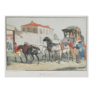 Mid 20th Century French Mail Coach Hand Colored Print After Horace Vernet