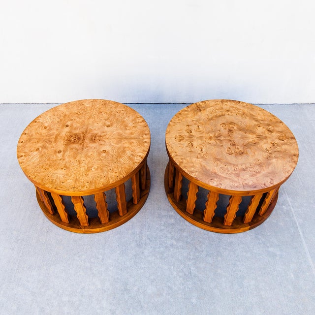 Vintage Mid Century Walnut & Burl Drum Side Tables by Cal Mode For Sale - Image 13 of 15