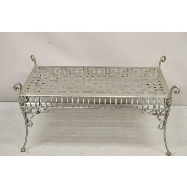 Late 20th Century Decorator Wrought Iron Scrolling French Country Style Gray Lattice Bench For Sale - Image 10 of 12