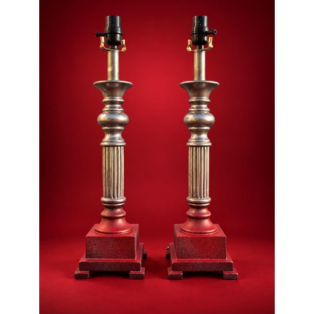 2020s Neoclassical Silver-Tone & Red Column Table Lamps - Pair For Sale - Image 5 of 5