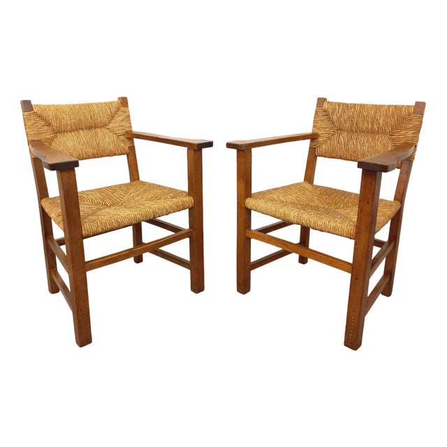Brutalist Armchairs in Oak and Straw, 1960s, Set of 2 For Sale