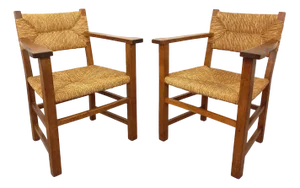 Brutalist Armchairs in Oak and Straw, 1960s, Set of 2