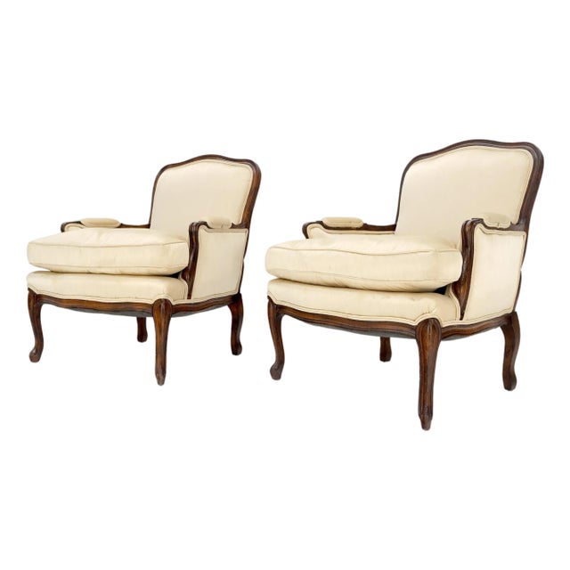 Pair Down Filled Cushions Silk Like Upholstery Carved Legs French Lounge Chairs For Sale