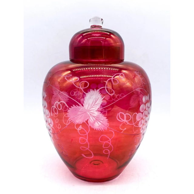 Ruby Red Vintage Cut-to-Clear Ruby Red Glass Ginger Jar – Grape Vine Motif – Romantic / Bohemian For Sale - Image 8 of 13