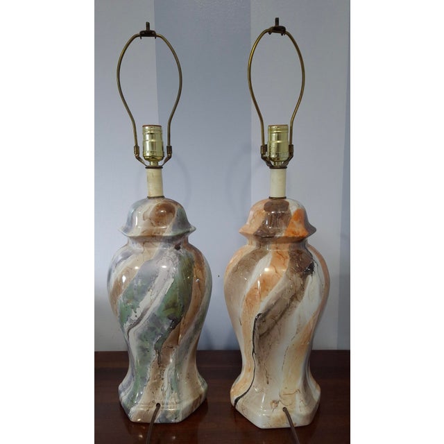 Mid 20th Century Pair Mid-Century Modern Marble-Glazed Ceramic Ginger Jar Style Table Lamps For Sale - Image 9 of 13