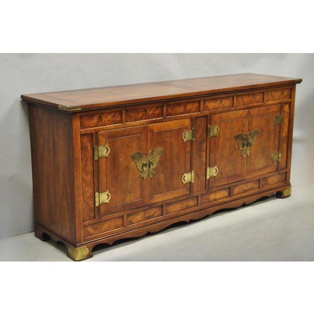 Vintage Henredon Chinoiserie Oriental Style Brass Butterfly Hardware Burl Wood Credenza Cabinet Buffet. Circa Mid 20th...
