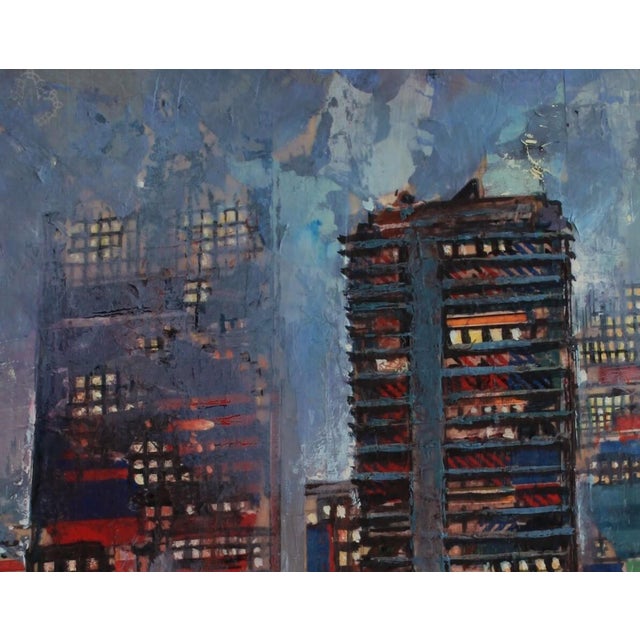 Nighttide captures a bustling urban landscape at twilight, where towering skyscrapers emerge against a moody, star-...