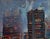 Nighttide captures a bustling urban landscape at twilight, where towering skyscrapers emerge against a moody, star-...