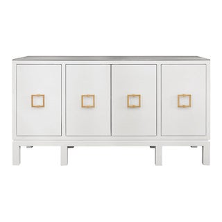 Matthew Izzo Home Effie White Linen Four Door Buffet With Square Brass Handles and Glass Top For Sale