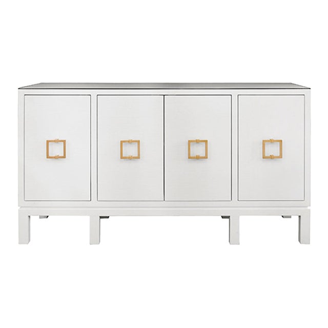 Matthew Izzo Home Effie White Linen Four Door Buffet With Square Brass Handles and Glass Top For Sale