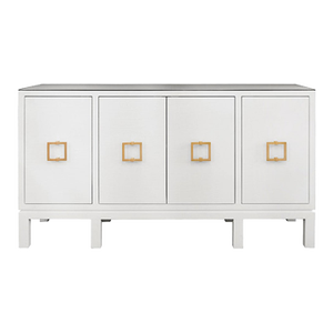 Matthew Izzo Home Effie White Linen Four Door Buffet With Square Brass Handles and Glass Top