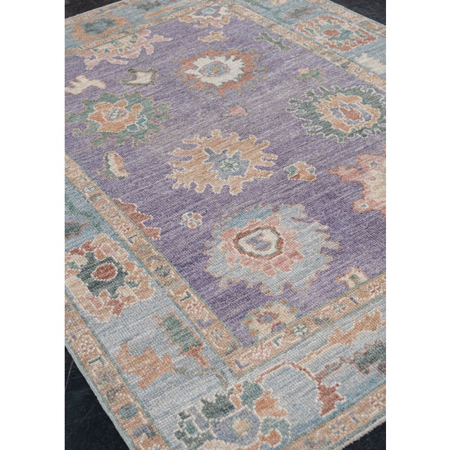 Early 21st Century Turkish Oushak Rug Purple & Blue Floral Handwoven Wool Rug 4'11" X 6'10" For Sale - Image 5 of 9
