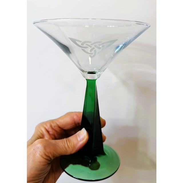 Mid-Century Modern Vintage Martini/Cocktail Glasses With Etched Design and Green Stems - A Pair For Sale - Image 3 of 8
