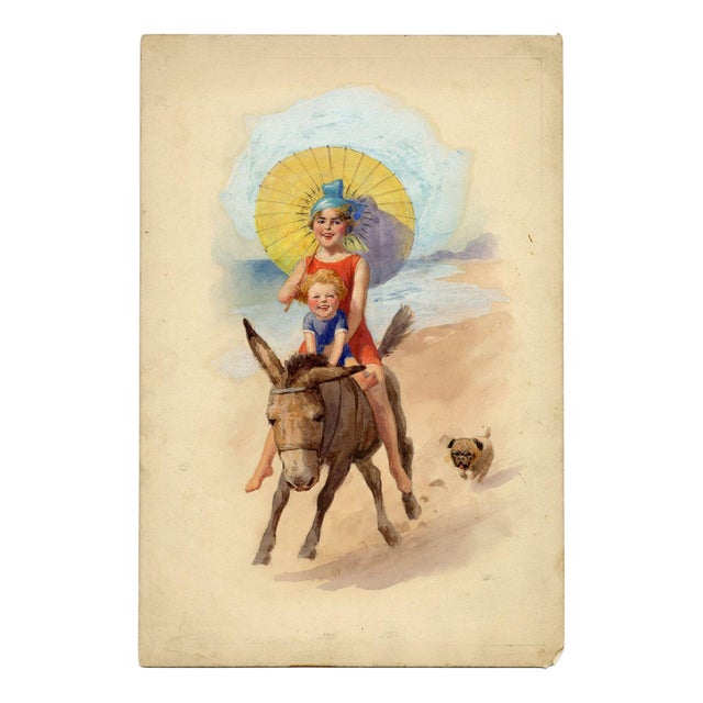 Charles Thomas Howard, Art Deco Girl on Seaside Donkey, 1920s, Watercolour For Sale