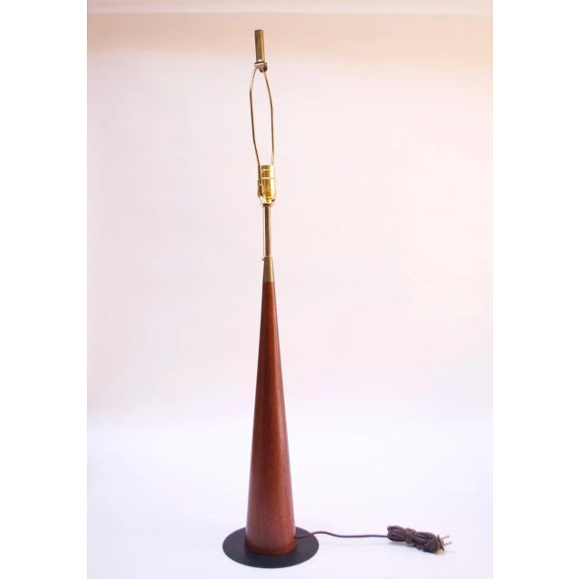 Mid-Century Modern Tall Danish Modern Conical Table Lamp in Teak and Brass For Sale - Image 3 of 12
