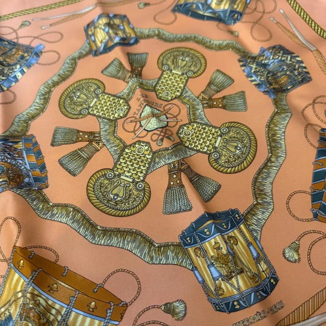 20th Century Classic Orange Silk Carrè Scarf "Les Tambours" by Hermes For Sale - Image 6 of 13