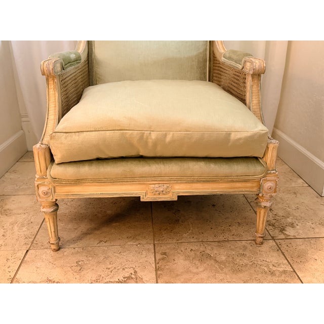 Mid 20th Century Mid 20th Century Rare Pair Louis XVI French Style Carved Bergere Chairs With Cane Sides For Sale - Image 5 of 16