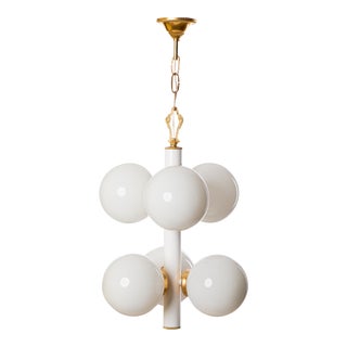 Vintage 6-Light Two Tiered Globe Pendant Lighting Fixture With Milk Glass Ball Lights Shades For Sale