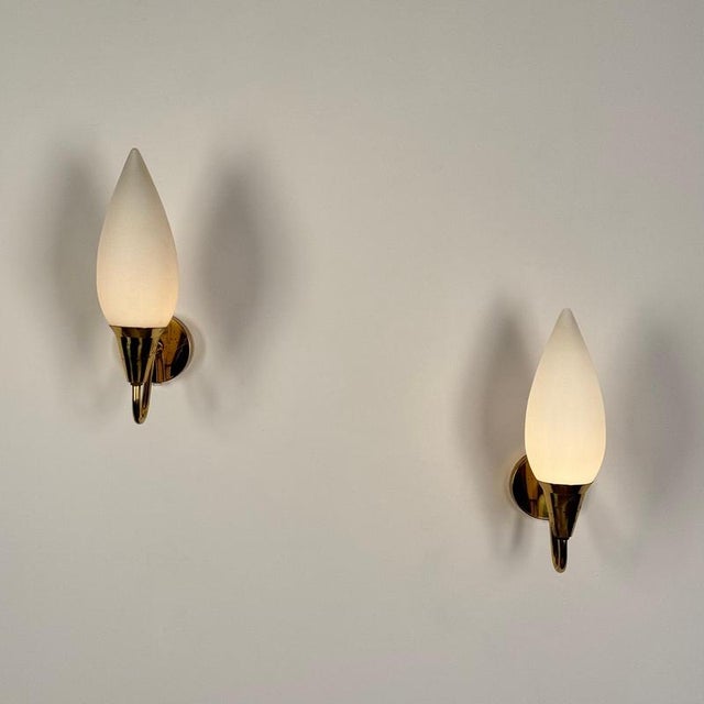 Brass Wall Lamps with Opaline Glass by Paavo Tynell, 1940s, Set of 2 For Sale - Image 9 of 18