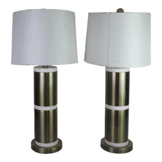 1990s Gold and White Italian Style Architectural Lamps With Lamp Shades - a Pair For Sale