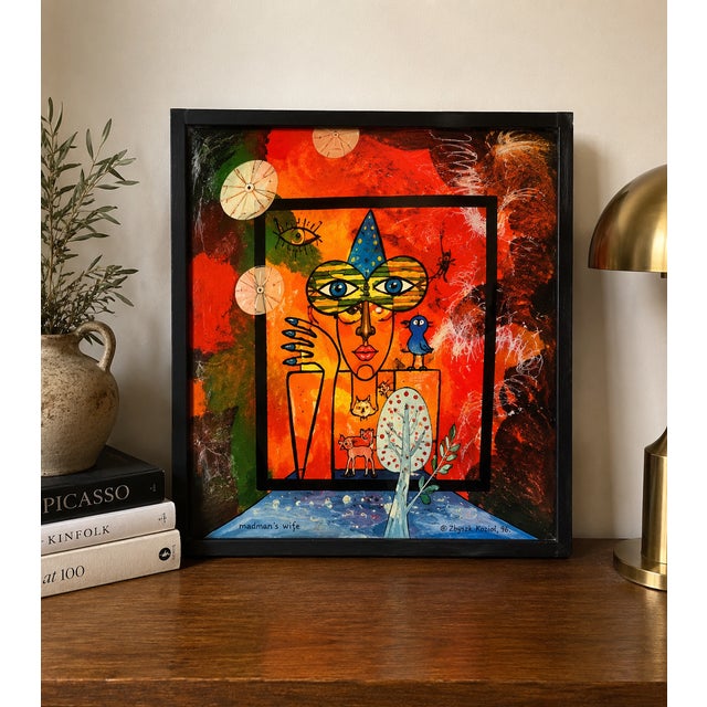 Original signed 1996 mixed media painting by Polish-American outsider artist Zbyszek Kozioł titled Madman’s Wife. This...
