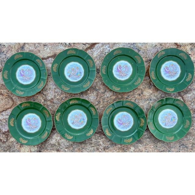 Vintage Set of 8 French Hand Painted Cherubs Gold Gilt Green Porcelain Dinner Plates For Sale - Image 10 of 12