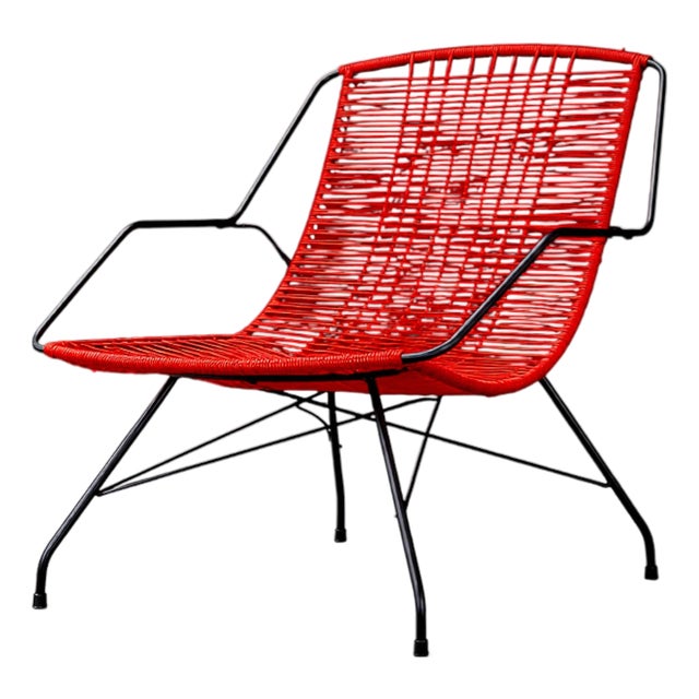 Brazilian Modern Red Synthetic Rope and Iron Armchair, Forma, Brazil, 1950s For Sale