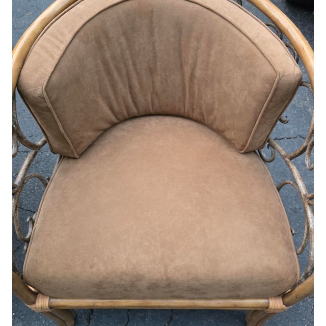 Pair of Maitland-Smith Hollywood Regency Wooden Faux-Bamboo Tub Chairs With Wrought-Iron Scrollwork, Philippines For Sale - Image 10 of 14
