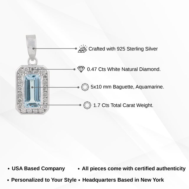 Baguette Cut 1.7 Ct Aquamarine & Diamond Halo Pendant Charm in 925 Sterling Silver For Sale - Image 11 of 13