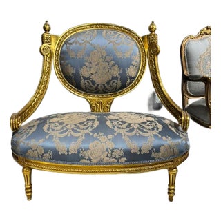 French Louis XV Blue Accent Chair With Gold Leaf For Sale