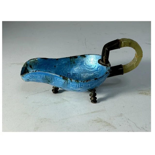 Chinese Cloisonne Scoop with Jade Handle for your consideration. The scoop measures approx. 4 1/4 inches long, 2 1/8...