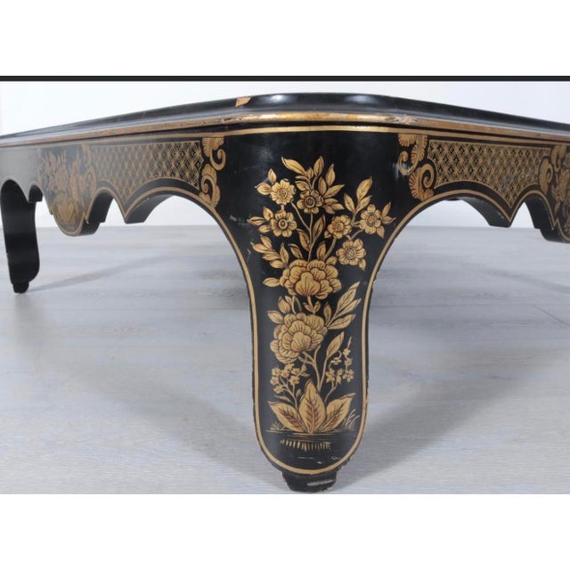1960s 1960s Black and Gold Large Chinoiserie Lacquer and Parquet Oak Cocktail Coffee Table For Sale - Image 5 of 6