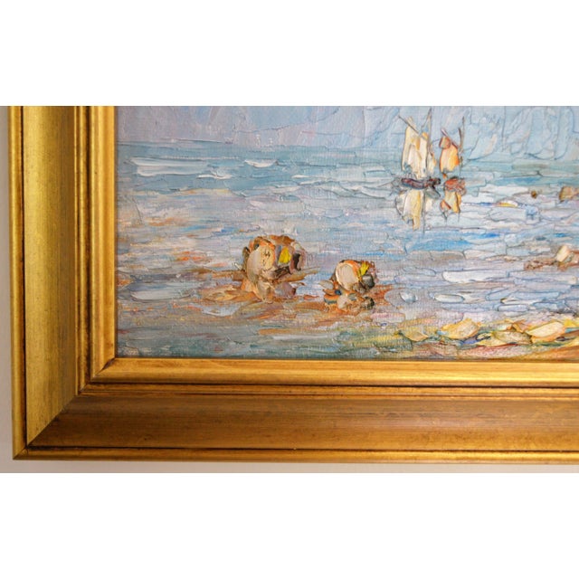 Wood Early 20th Century Blue Water Landscape Oil on Canvas Painting Plein Air Gold Frame For Sale - Image 7 of 11