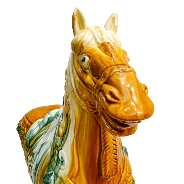 Brown Late 20th Century Large Chinese Tang Dynasty Sancai Glazed Pottery Horse Statue For Sale - Image 8 of 11