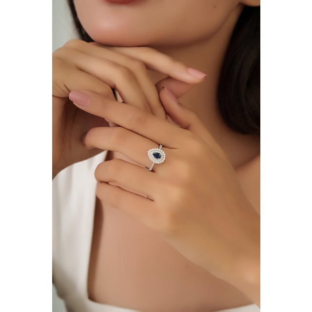 Not Yet Made - Made To Order Blue Sapphire & Diamond Halo Vintage Engagement Ring in 18k White Gold Size 5 For Sale - Image 5 of 16