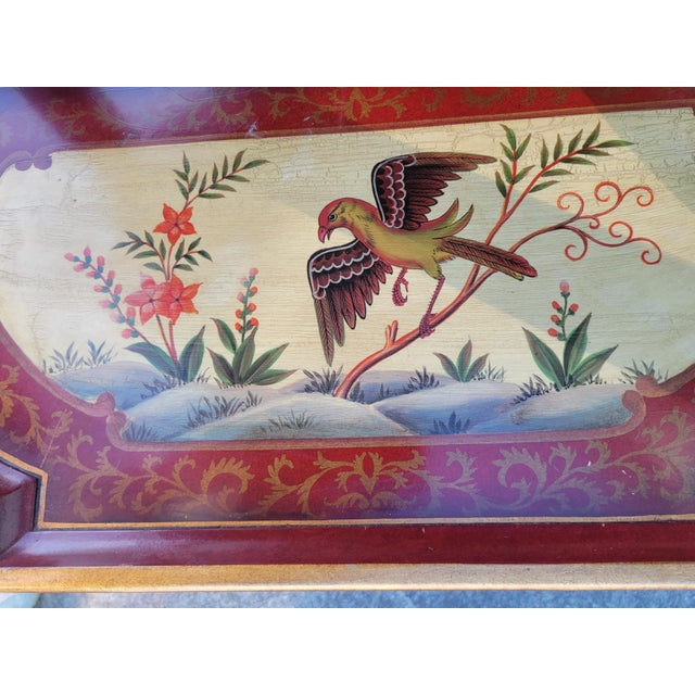 Red Vintage Chinoiserie Red Bird Painted Double Shelf Folding Side Table For Sale - Image 8 of 12
