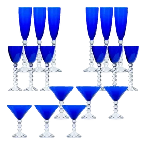 Deep Blue Baccarat Crystal Glasses, France, 1960, Set of 18