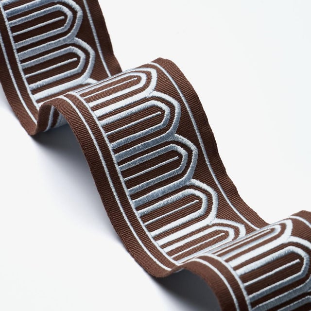 Contemporary SAMPLE - Schumacher Arches Embroidered Tape Medium In Sky On Brown For Sale - Image 3 of 4
