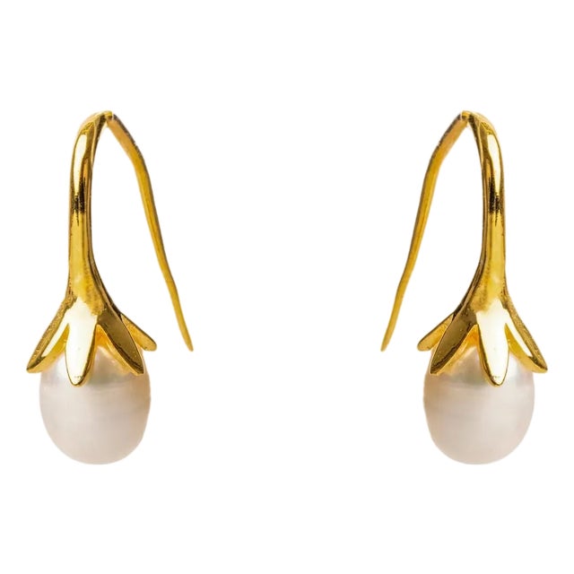Dainty Gold Vermeil & Pearl Design Statement Earrings, A Pair For Sale