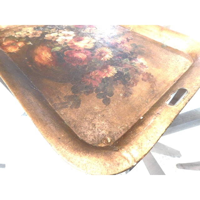 Antique Hand-Painted French Floral Large Tole Tray For Sale - Image 4 of 12