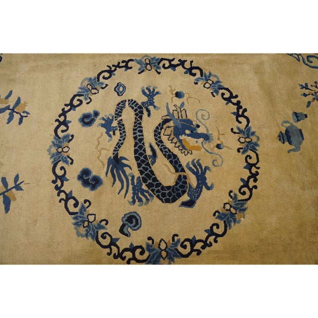Beige 1900s Beige Field Classic Greek Key Dragon Antique Chinese Peking Room Size Rug For Sale - Image 8 of 10