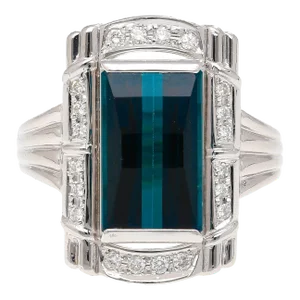 Vintage Gia Certified 6.40 Carat Blue Indicolite Tourmaline Retro Platinum Ring Size 10.75