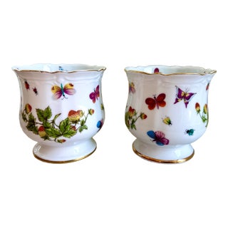 Vintage Lenwile Ardalt Porcelain Hand Painted Strawberry & Butterfly Planters - A Pair For Sale