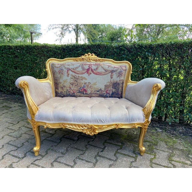 Beige Late 20th French Louis XVI Gold and Velvet Settee For Sale - Image 8 of 12