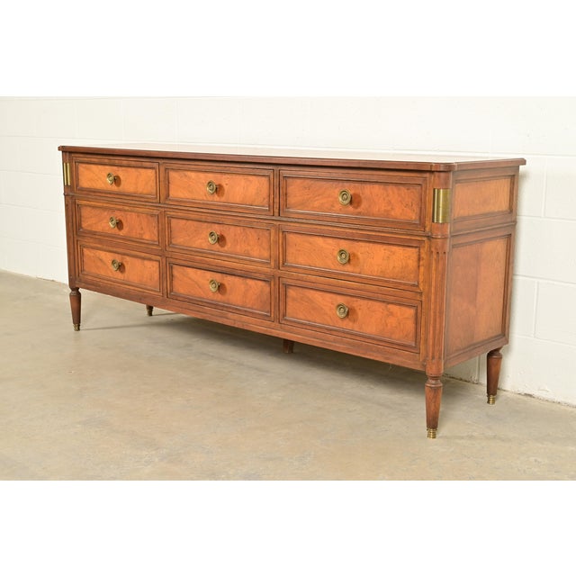 French Baker Furniture French Regency Louis XVI Burled Walnut Triple Dresser or Credenza, Circa 1960s For Sale - Image 3 of 15